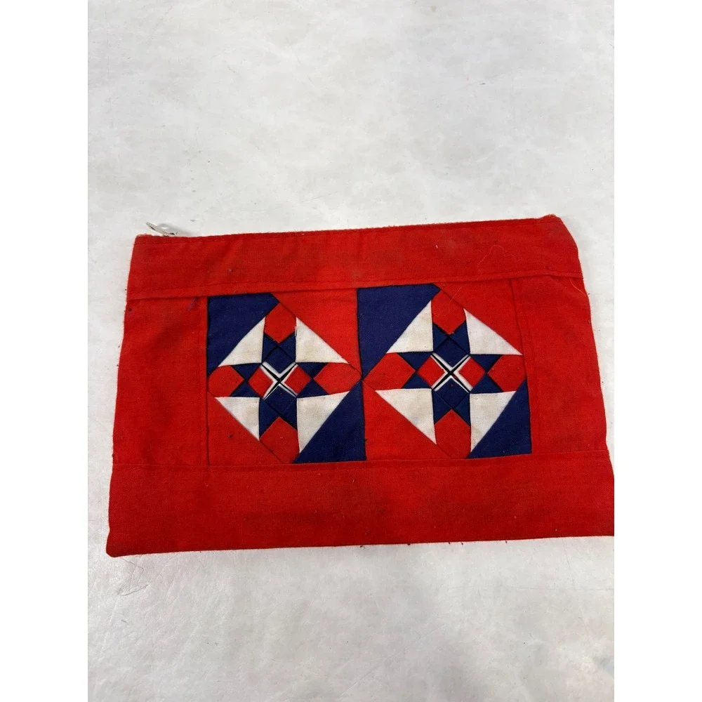 Vintage Lao Song Handicrafts Patchwork Zipper Pouch Red‎ Blue White Thailand Bag
